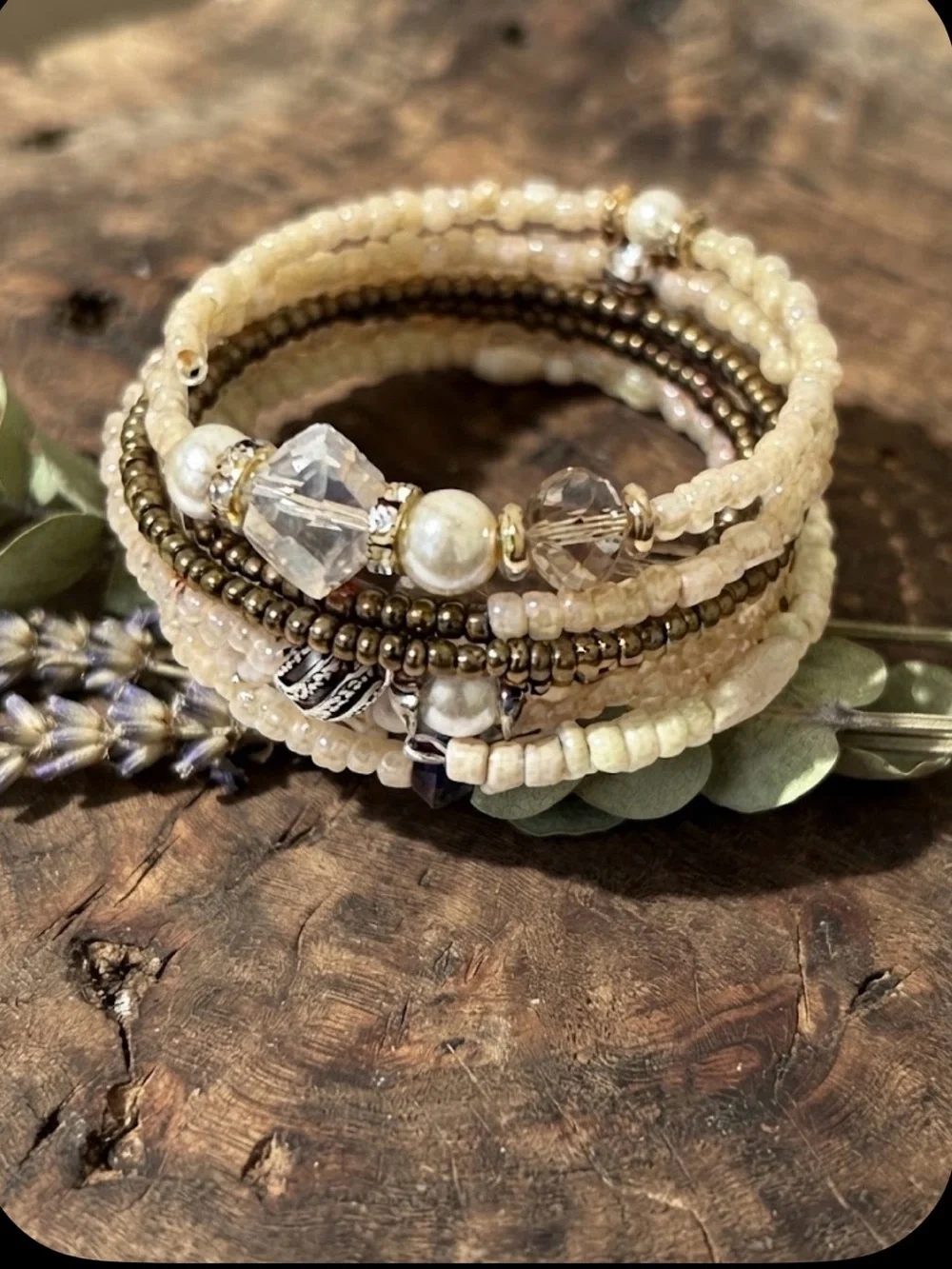 Handcrafted Cream and Gold Beaded Memory wire Wrap Bracelet